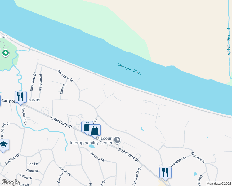 map of restaurants, bars, coffee shops, grocery stores, and more near 2301 Chase Woods Court in Jefferson City