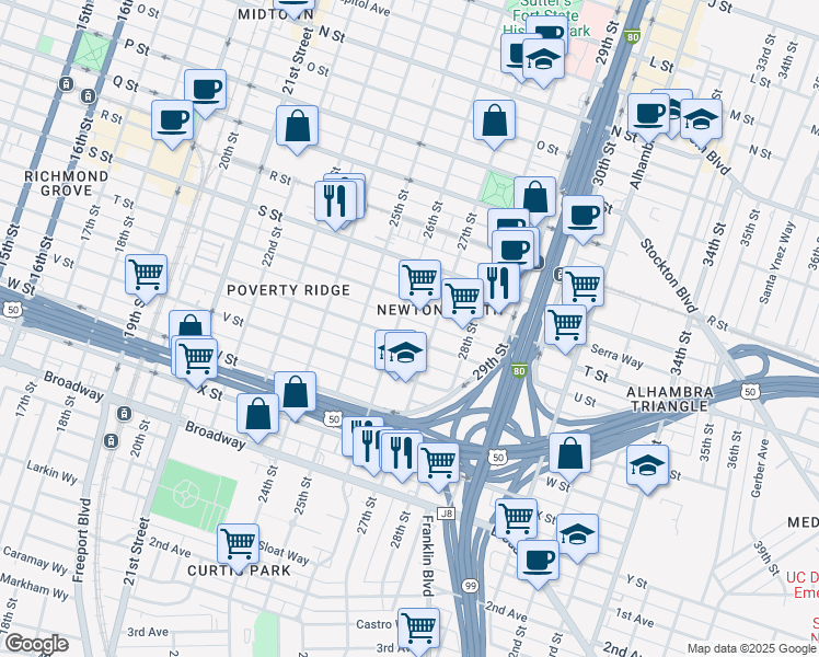 map of restaurants, bars, coffee shops, grocery stores, and more near 2100 27th Street in Sacramento