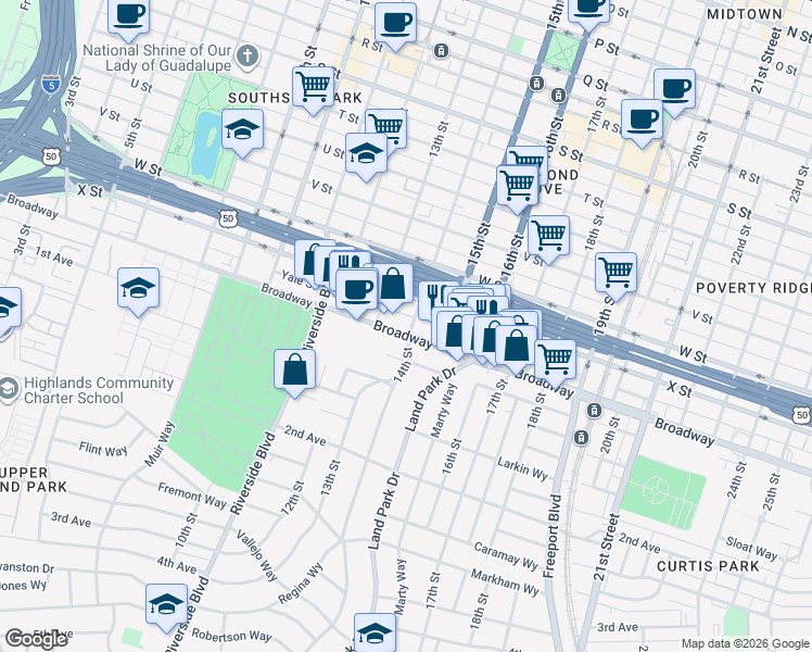 map of restaurants, bars, coffee shops, grocery stores, and more near 1325 Burnett Way in Sacramento