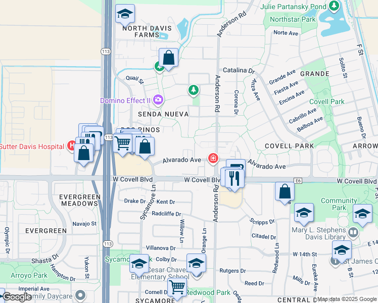 map of restaurants, bars, coffee shops, grocery stores, and more near 909 Alvarado Avenue in Davis