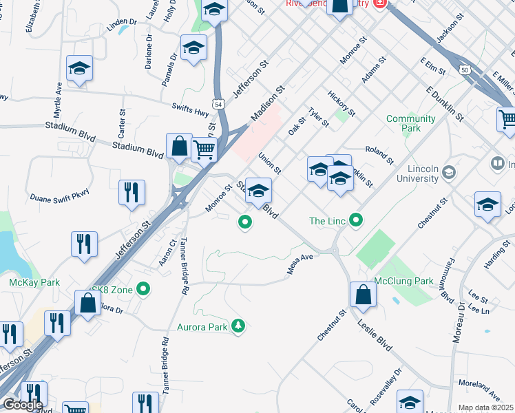 map of restaurants, bars, coffee shops, grocery stores, and more near 400 Stadium Boulevard in Jefferson City