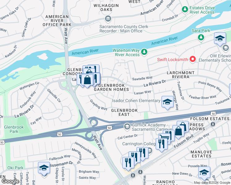 map of restaurants, bars, coffee shops, grocery stores, and more near 8891 Salmon Falls Drive in Sacramento