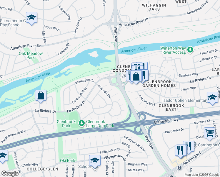 map of restaurants, bars, coffee shops, grocery stores, and more near 147 Glenville Circle in Sacramento