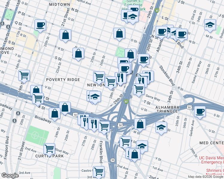 map of restaurants, bars, coffee shops, grocery stores, and more near 2026 28th Street in Sacramento