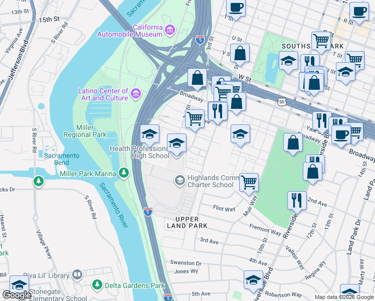 map of restaurants, bars, coffee shops, grocery stores, and more near 403 Lug Lane in Sacramento