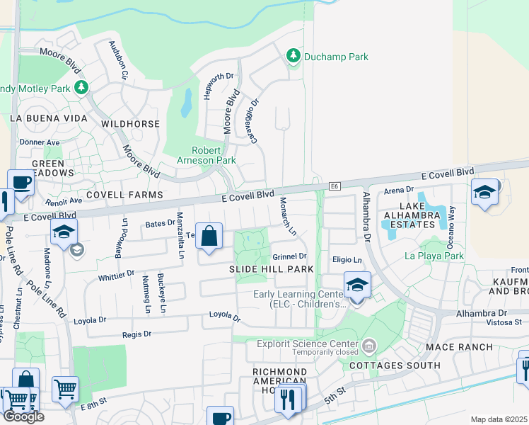 map of restaurants, bars, coffee shops, grocery stores, and more near 1702 Myrtle Place in Davis