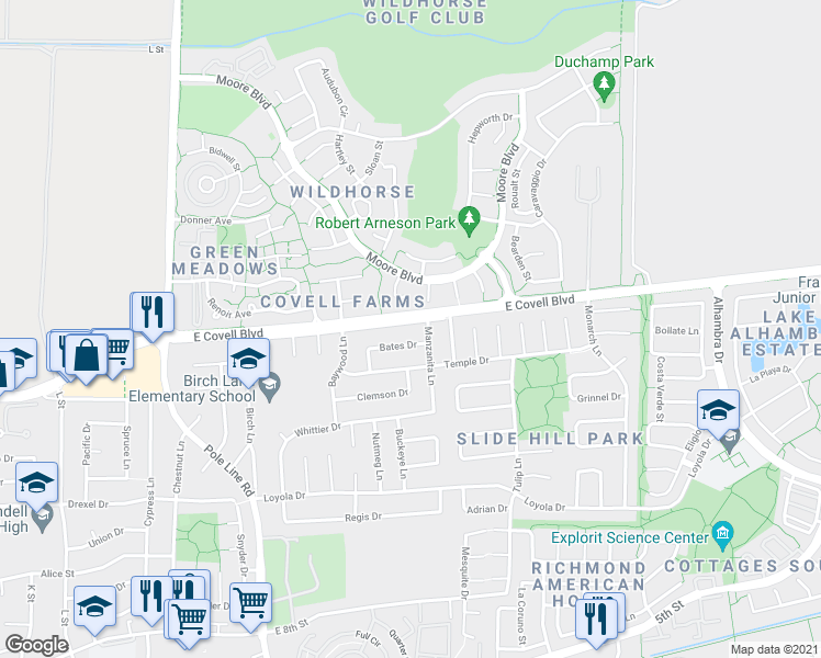 map of restaurants, bars, coffee shops, grocery stores, and more near 2428 Bates Drive in Davis