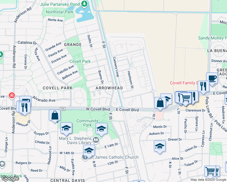 map of restaurants, bars, coffee shops, grocery stores, and more near 2099 F Street in Davis