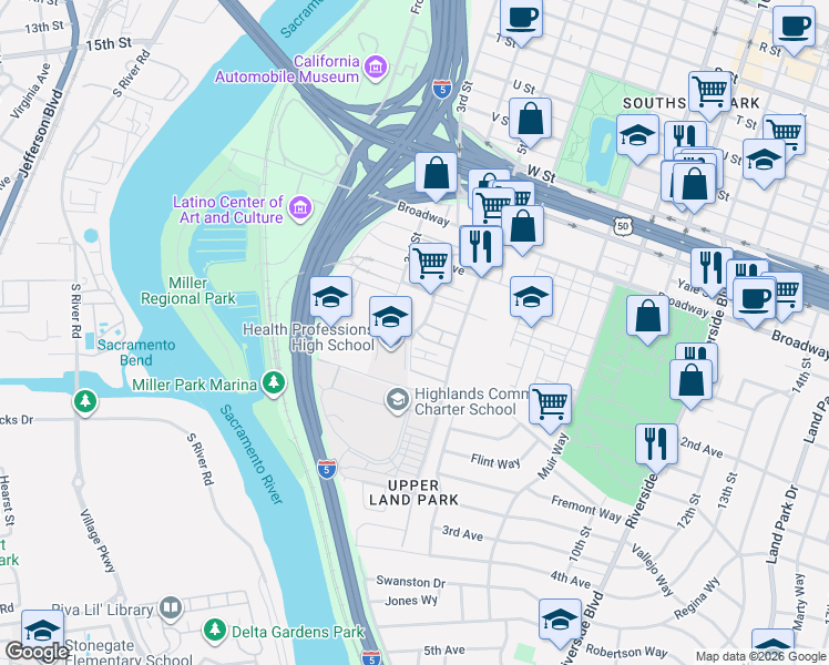 map of restaurants, bars, coffee shops, grocery stores, and more near 403 Lug Lane in Sacramento