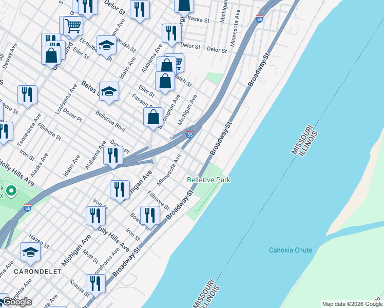 map of restaurants, bars, coffee shops, grocery stores, and more near 5612 Pennsylvania Avenue in St. Louis