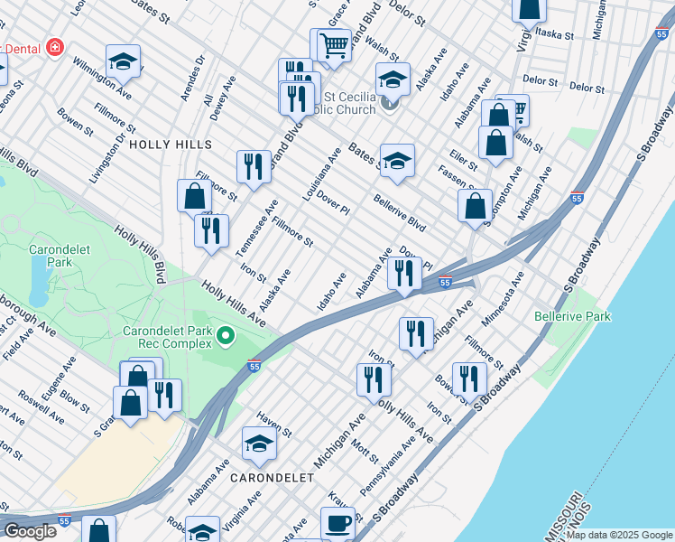 map of restaurants, bars, coffee shops, grocery stores, and more near 6139 Idaho Avenue in St. Louis