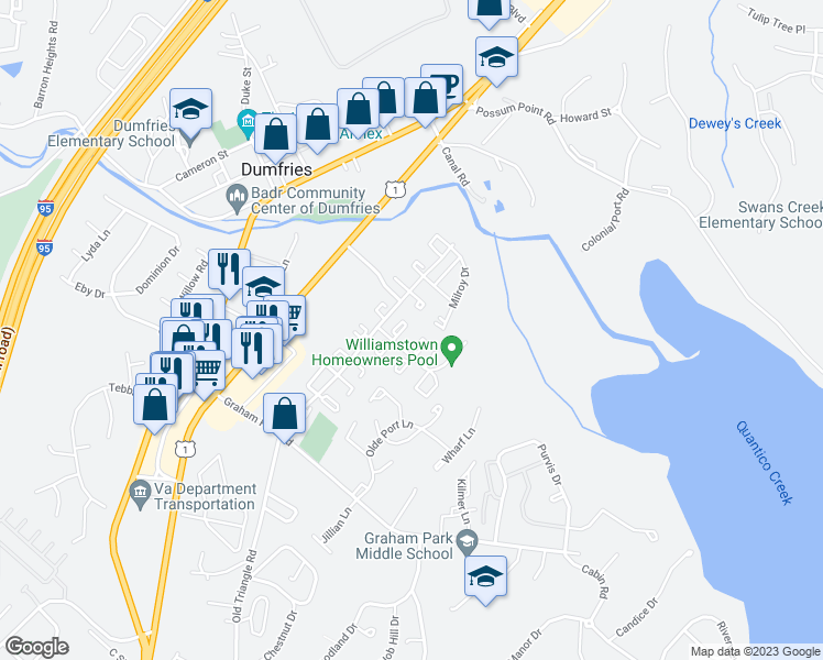 map of restaurants, bars, coffee shops, grocery stores, and more near 2216 Fort Pickens Court in Dumfries