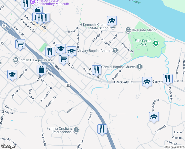 map of restaurants, bars, coffee shops, grocery stores, and more near 1407 E High St in Jefferson City