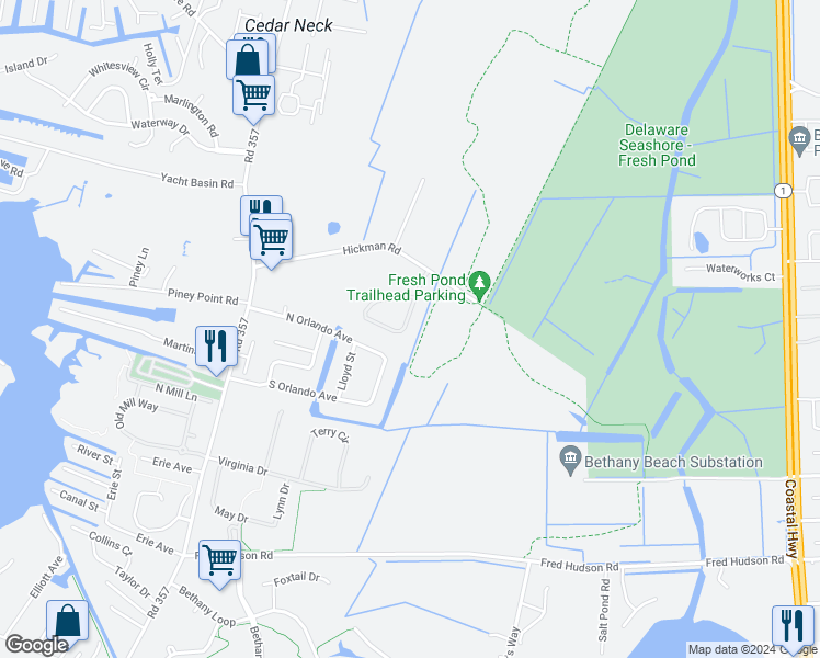map of restaurants, bars, coffee shops, grocery stores, and more near 30903 Fresh Pond Drive in Ocean View