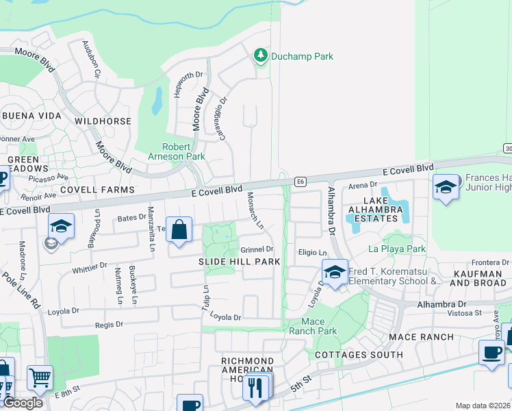 map of restaurants, bars, coffee shops, grocery stores, and more near in Davis