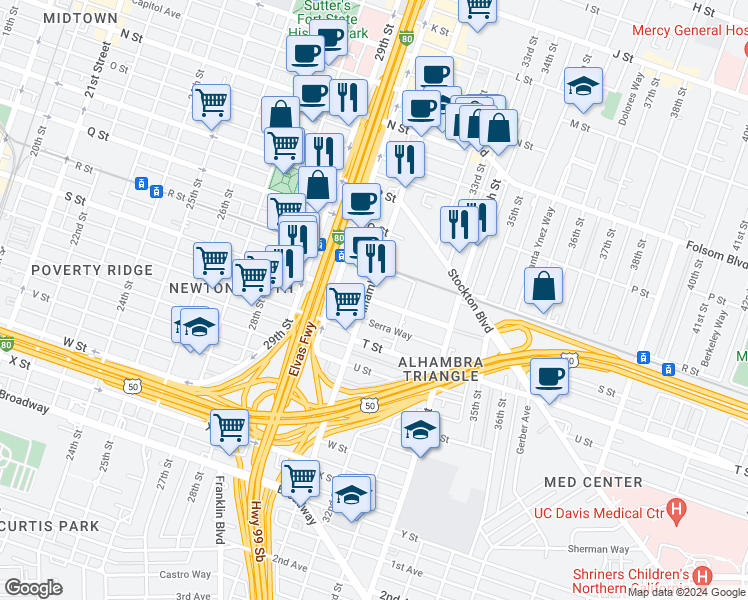 map of restaurants, bars, coffee shops, grocery stores, and more near 1881 Alhambra Boulevard in Sacramento