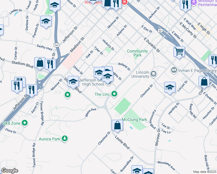 map of restaurants, bars, coffee shops, grocery stores, and more near 609 Union Street in Jefferson City