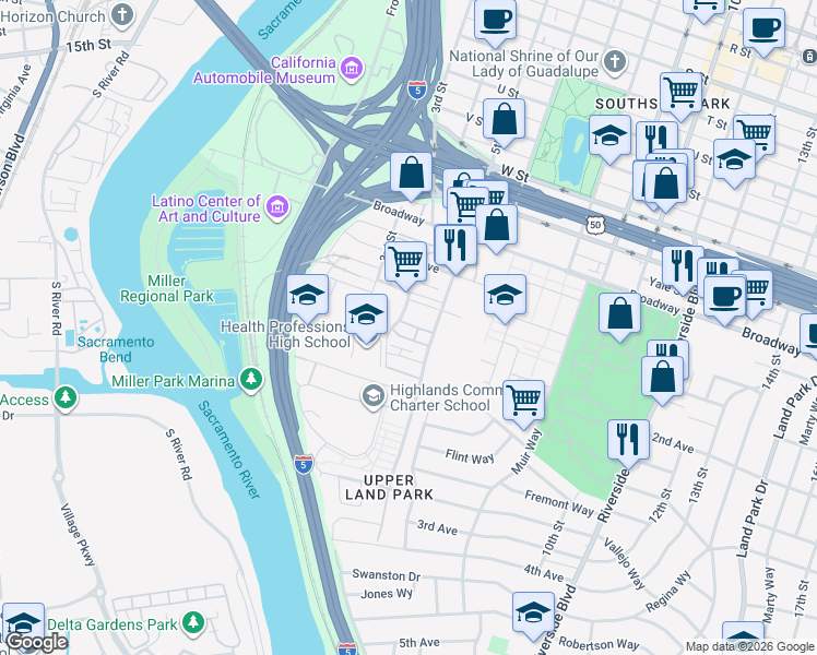map of restaurants, bars, coffee shops, grocery stores, and more near 438 Crate Avenue in Sacramento