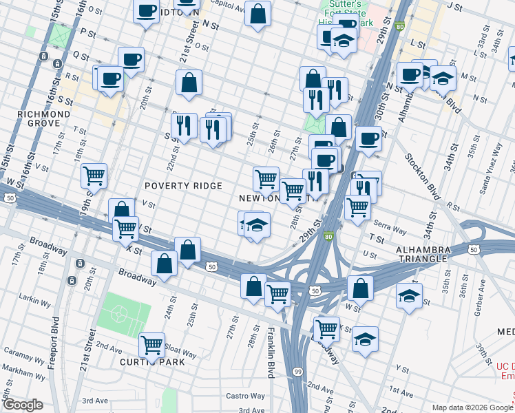 map of restaurants, bars, coffee shops, grocery stores, and more near 2615 T Street in Sacramento
