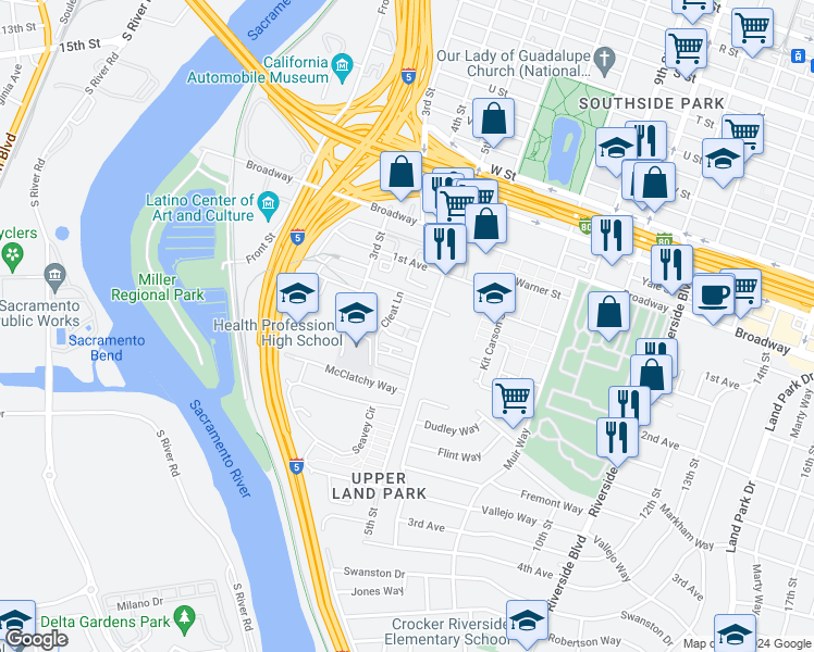 map of restaurants, bars, coffee shops, grocery stores, and more near 438 Crate Avenue in Sacramento
