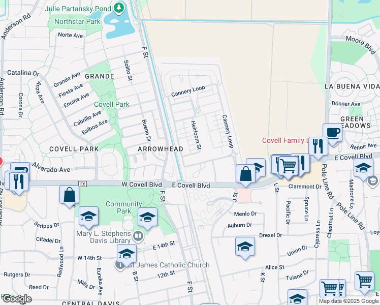 map of restaurants, bars, coffee shops, grocery stores, and more near 901 Jacobsen Lane in Davis
