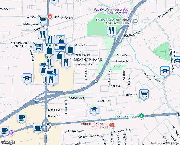 map of restaurants, bars, coffee shops, grocery stores, and more near 416 Alsobrook Street in Kirkwood