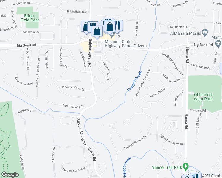 map of restaurants, bars, coffee shops, grocery stores, and more near 708 Ridgeside Drive in Ballwin