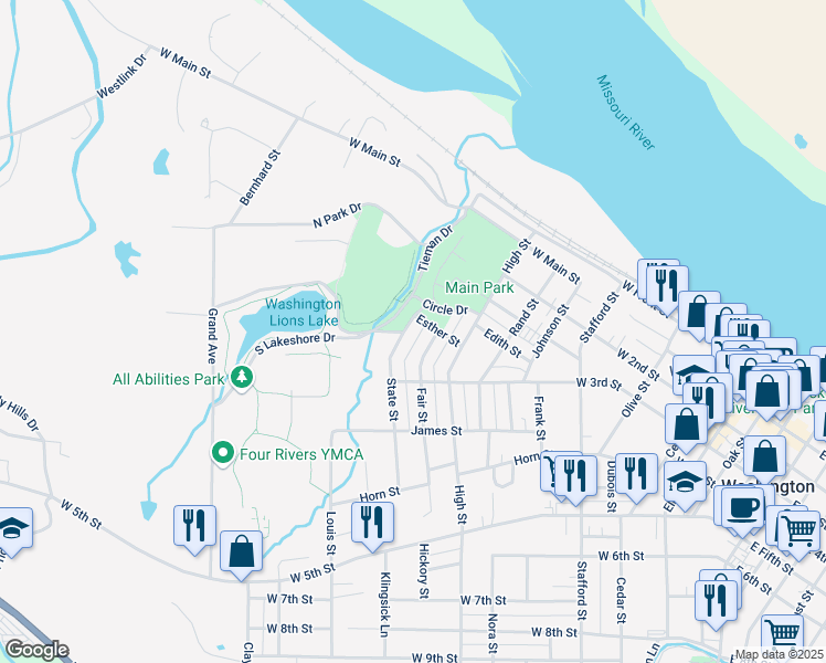 map of restaurants, bars, coffee shops, grocery stores, and more near 1010 Esther Street in Washington