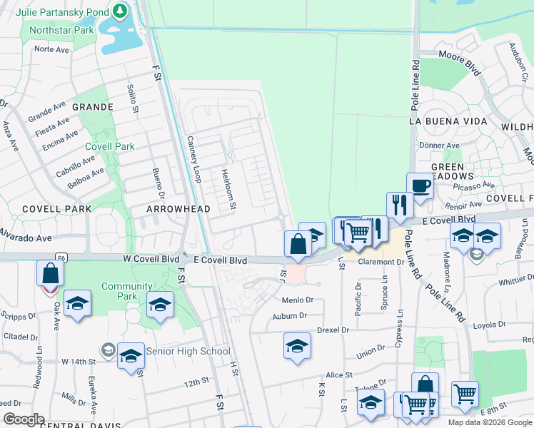 map of restaurants, bars, coffee shops, grocery stores, and more near 1000 Berryessa Lane in Davis