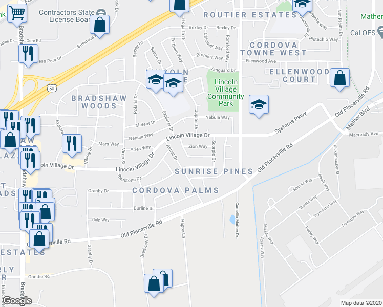 map of restaurants, bars, coffee shops, grocery stores, and more near 3537 Gemini Way in Sacramento