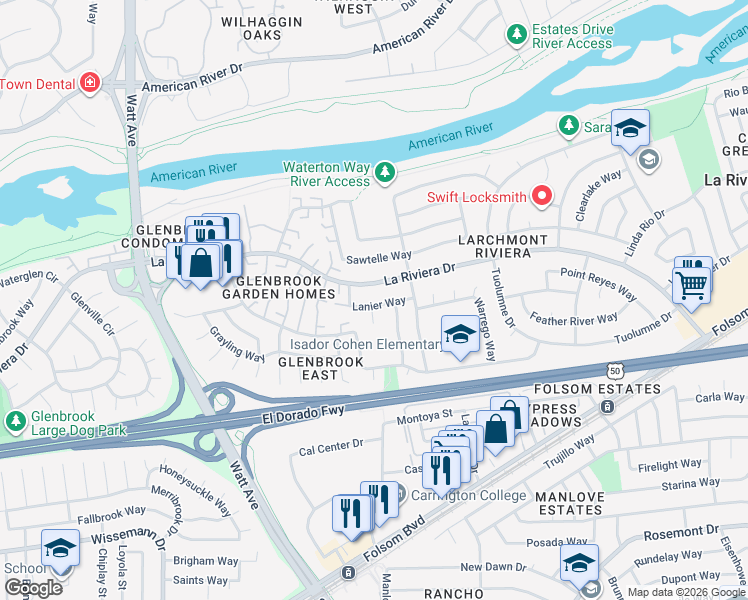 map of restaurants, bars, coffee shops, grocery stores, and more near 8945 Lanier Way in Sacramento
