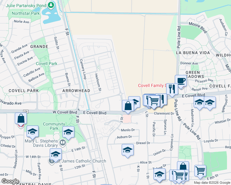 map of restaurants, bars, coffee shops, grocery stores, and more near 1000 Berryessa Lane in Davis