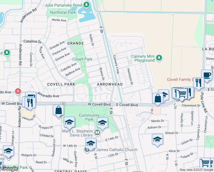 map of restaurants, bars, coffee shops, grocery stores, and more near 2128 Bueno Drive in Davis