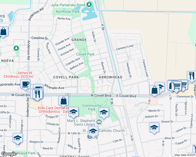 map of restaurants, bars, coffee shops, grocery stores, and more near 265 Baja Avenue in Davis