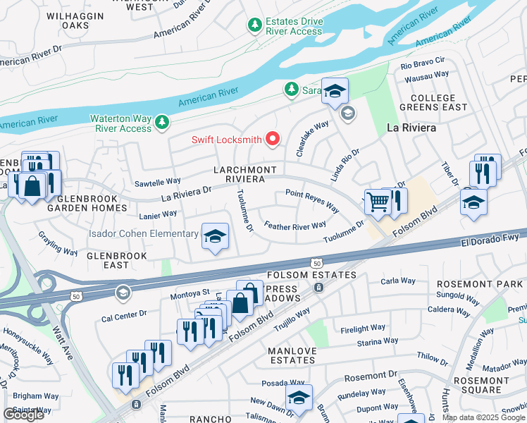 map of restaurants, bars, coffee shops, grocery stores, and more near 9001 Feather River Way in Sacramento