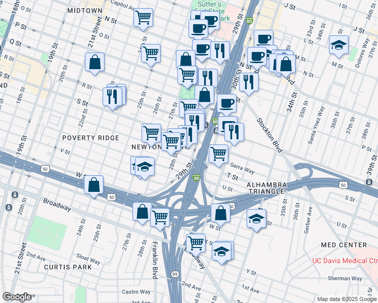 map of restaurants, bars, coffee shops, grocery stores, and more near 2812 S Street in Sacramento