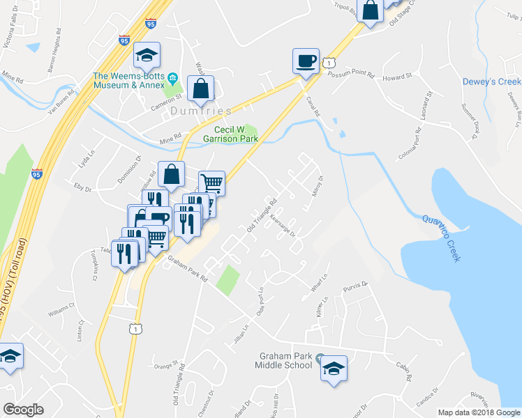 map of restaurants, bars, coffee shops, grocery stores, and more near 1602 Fort Fisher Court in Dumfries
