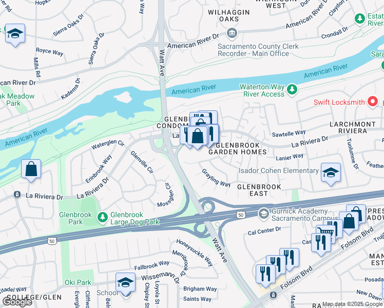 map of restaurants, bars, coffee shops, grocery stores, and more near 8742 La Riviera Drive in Sacramento