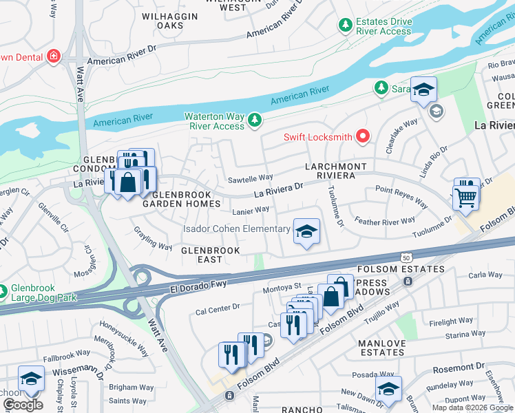 map of restaurants, bars, coffee shops, grocery stores, and more near 8909 La Riviera Drive in Sacramento
