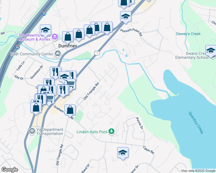 map of restaurants, bars, coffee shops, grocery stores, and more near 17958 Milroy Drive in Dumfries