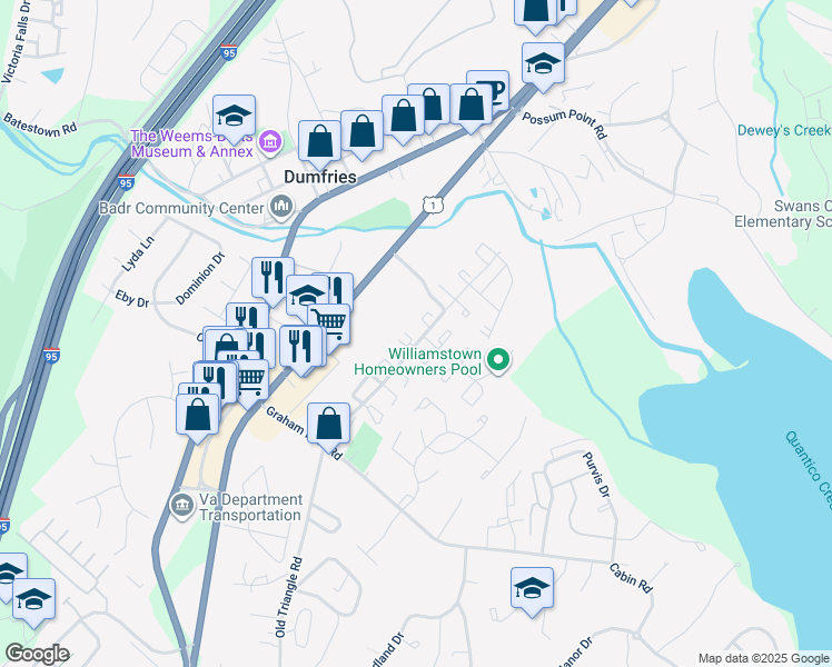 map of restaurants, bars, coffee shops, grocery stores, and more near 1602 Fort Fisher Court in Dumfries