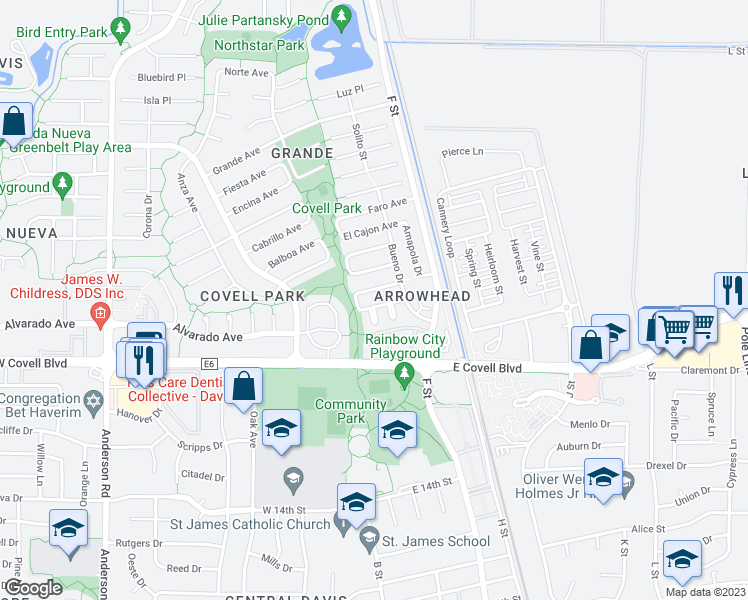 map of restaurants, bars, coffee shops, grocery stores, and more near 251 Aurora Avenue in Davis