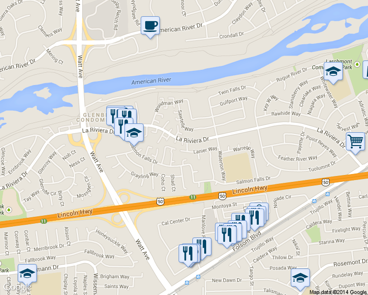 map of restaurants, bars, coffee shops, grocery stores, and more near 8889 La Riviera Drive in Sacramento