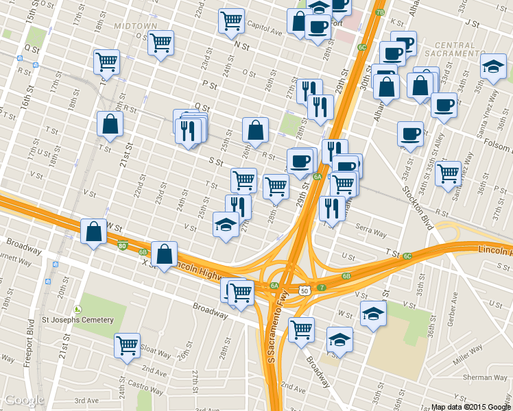 map of restaurants, bars, coffee shops, grocery stores, and more near 2713 T Street in Sacramento