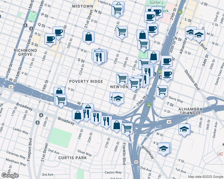 map of restaurants, bars, coffee shops, grocery stores, and more near 2512 T Street in Sacramento