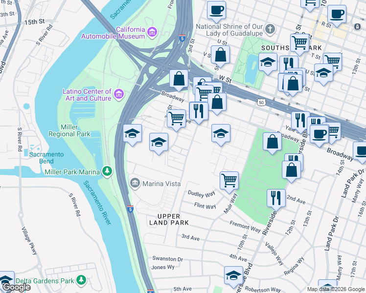 map of restaurants, bars, coffee shops, grocery stores, and more near 438 Crate Avenue in Sacramento