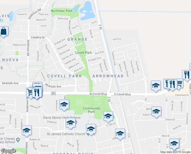 map of restaurants, bars, coffee shops, grocery stores, and more near 265 Baja Avenue in Davis