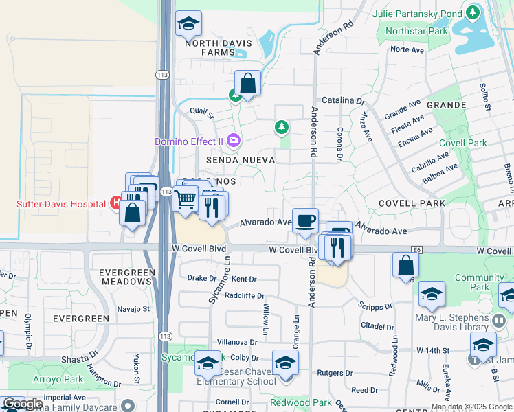 map of restaurants, bars, coffee shops, grocery stores, and more near 1202 Antelope Avenue in Davis