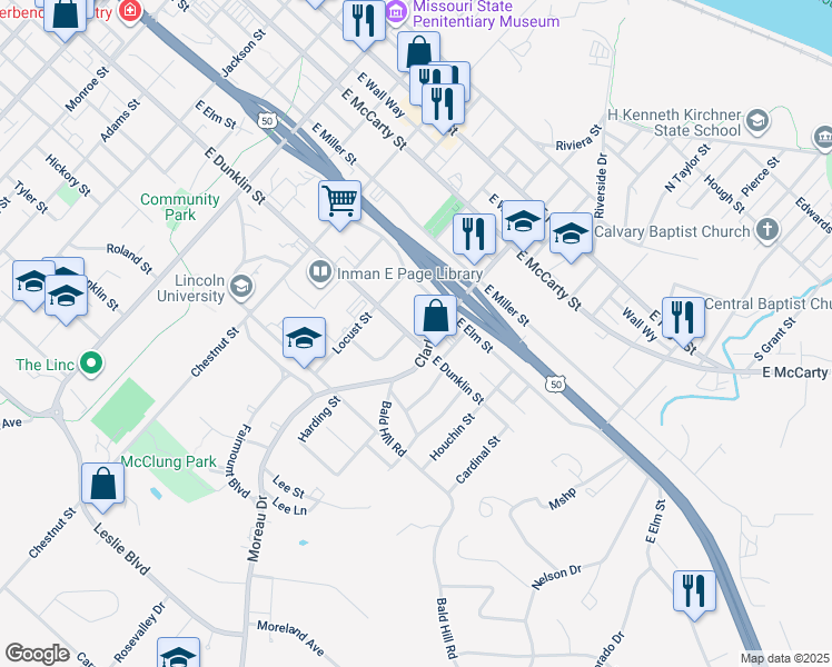map of restaurants, bars, coffee shops, grocery stores, and more near 650 Clark Avenue in Jefferson City