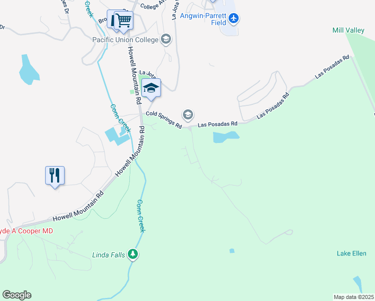 map of restaurants, bars, coffee shops, grocery stores, and more near 120 Cold Springs Road in Angwin